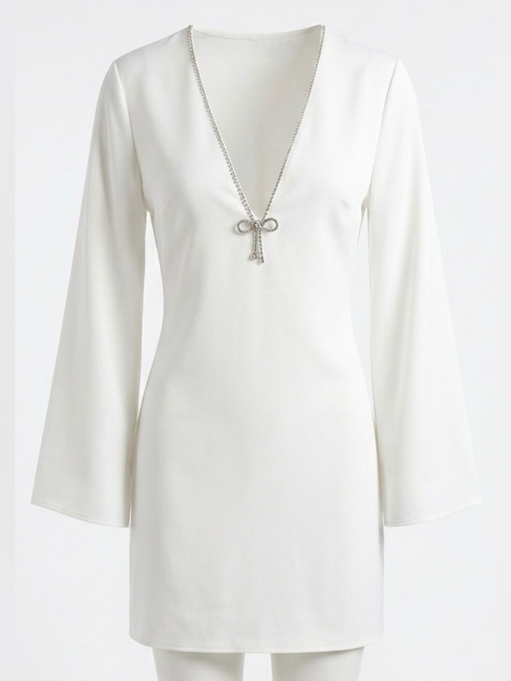 SHEIN White V-Neck long Sleeve Dress Rhinestone Bow Trim Accent Midi Dress